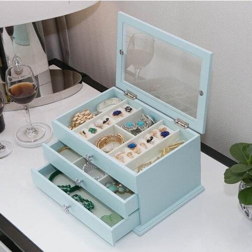 Women Jewelry Storage Organizer Drawers Box Travel Makeup Cosmetic Case & Mirror Leather Wedding Decoration Gift For Her