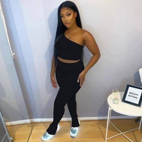 Ribbed Knit Stretchy Outfit 2 Pieces Womens Sets Single Shoulder Sleeveless Crop Top+Skinny Long Pants Bottom Split Leggings