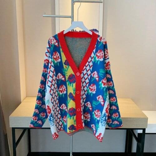 2021 new retro long-sleeved v-neck knitted top contrast color flowers autumn and winter loose sweater jacket women cardigan