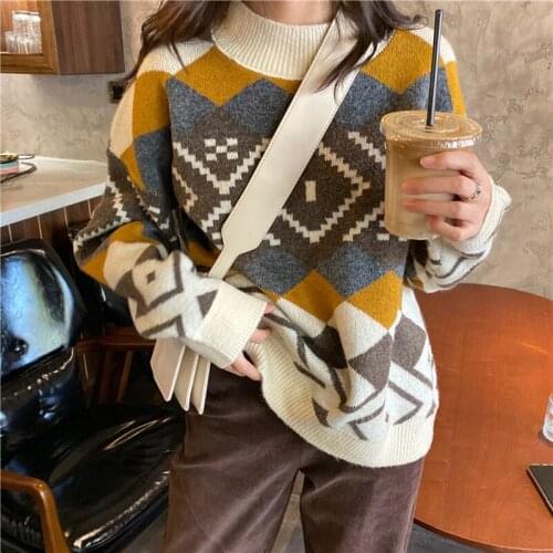 Jacquard Sweater Women O-Neck Long Sleeve Vintage Jumpers Lazy Loose Oversized Pullovers Autumn Winter Outwear 2021 Z932