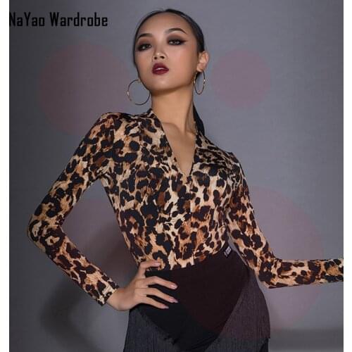2021 New A1186 Women Latin Dance Bodysuit Leopard V Neck Latin Dancing Tops for Samba Tango Chacha Belly Performamnce