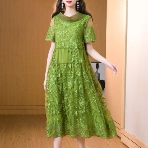 2020 Spring Summer Womens Bow Embriodery Green Wine Red Long Dress , Korean Style Woman A Line 4xl Dresses for Women