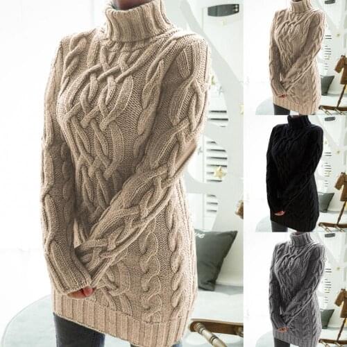 Dropshipping Women Turtleneck Twist Knitted Long Sleeve Warm Sweater Autumn Winter Mini Dress
