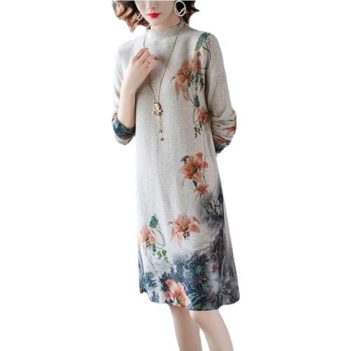 Autumn Winter Vintage Loose Temperament Half High Collar Female Dress Fashion Sweater Dress Print Knitted Women Sweater Dresses