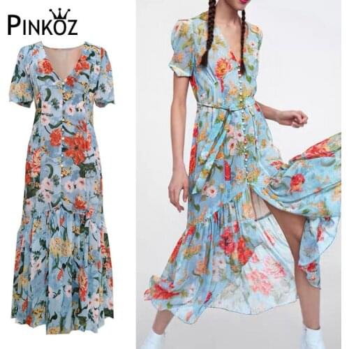 Pinkoz vintage chic lady flower printed blue single breasted summer new fashion v-neck short sleeve beach holiday dresses women