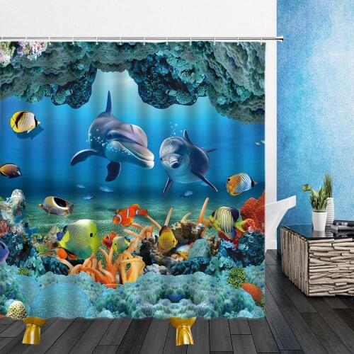 Animal Shower Curtains Ocean Fish Dolphin Coral 3D Print Modern Mildew Home Decor Screen Waterproof Bathroom Curtain With Hooks