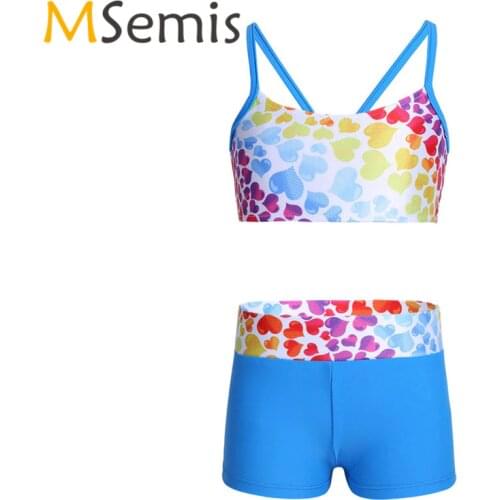 2PCS Kids Girls Gymnastic Swimsuit Crop Tops Tankini Tops with Bottoms Heart-shaped Bowknot Back Girls Swimwear Bathing Suit Set