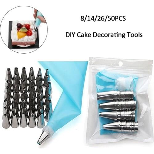 8/14/26/50 PCS Silicone Icing Piping Cream Pastry Bag + Stainless Steel Nozzle Pastry Tips Converter DIY Cake Decorating Tools