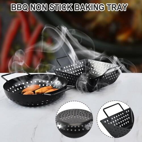 Non-stick Thick Steel Round/square Shape Bakeware Pan With Two Helper Handles For Outdoor Bbq Kitchen Supplies Accessories
