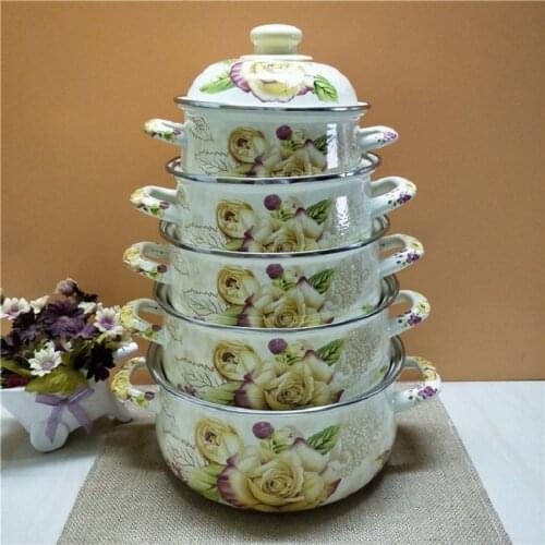 Porcelain Enamel Flower 5 Soup pots Rose Frying pot with Cover Painted General Purpose Cookware Soup Stock Pots Cooking Pots