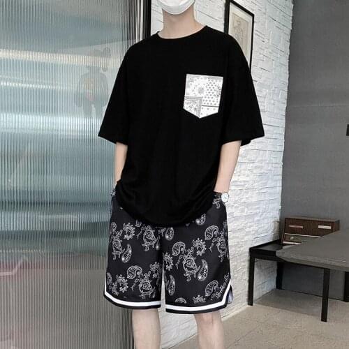 Summer Short Sets Men T-Shirts and Shorts Fashion Cashew Printing Cotton Tees Thin Loose Stylish Streetwear Suit Man White