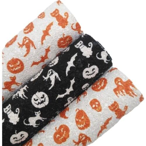 Halloween Pumpkins Bats Ghosts Cats Printed Chunky Glitter Vinyl Fabric Sheet Felt Backing Leather for Bows DIY A4 SIZE 6S52