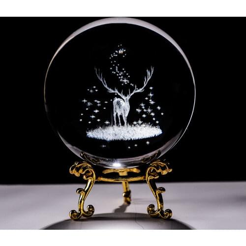 Crystal 3D Ball Laser Engraved Wapiti Miniature Glass Deer Sphere Paperweight Home Desk Decorative Ornament Birthday Dora Gifts
