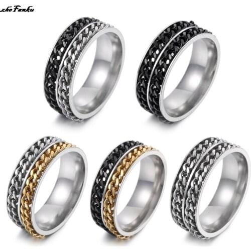 2 Layer Black Blue Spinner Rotatable Charm Wedding Band Chain Rings Stainless Steel For Men Women Gift