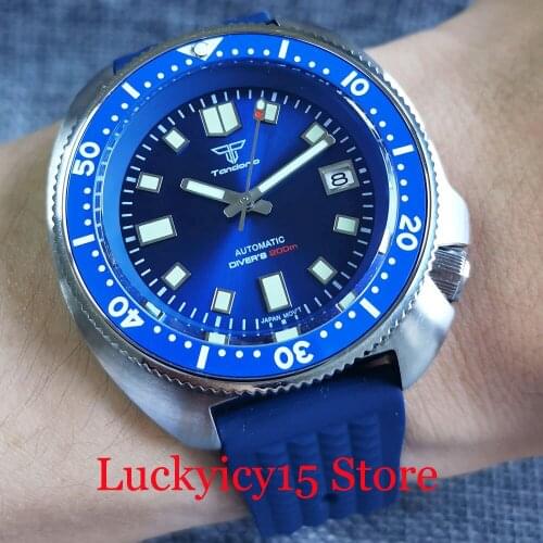 Tandorio Diver Men Watch NH35A Blue/Green Dial Automatic Wristwatch Flat Sapphire Crystal Brushed Case C3 Luminous Index