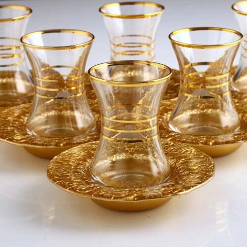 Turkish Tea Cup Set Pasabahce Tea Cup Gold Gilt 12 Piece Turkish Arabic Russian English French Fas Tea and Coffee cup Set