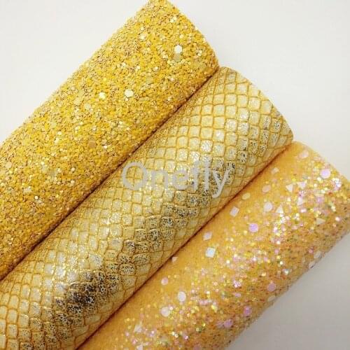Onefly 21X29CM Yellow Glitter Leather Shets, Metallic Snake Synthetic Leather Faux Fabric For Bow DIY handbags shoes DQ044