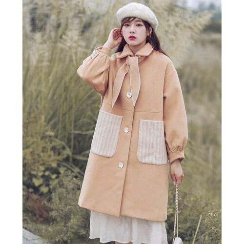 Autumn winter Sweet Women Coat Vintage Lace up Loose Woolen coat multi-pockets overcoat warm female coat 2020 HOT