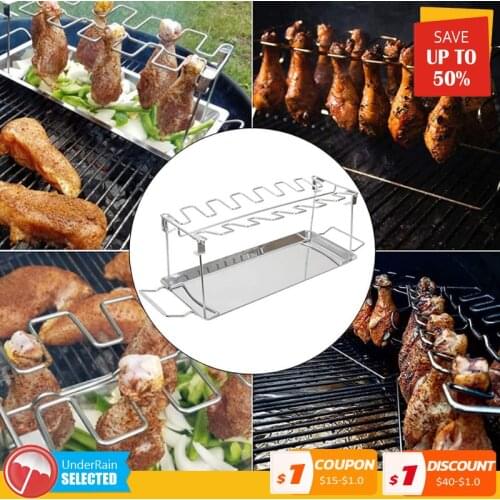Beef Chicken Leg Wing BBQ Grill Rack 14 Slots Stainless Steel Barbecue Drumsticks Holder Smoker Oven Roaster Stand With Drip Pan