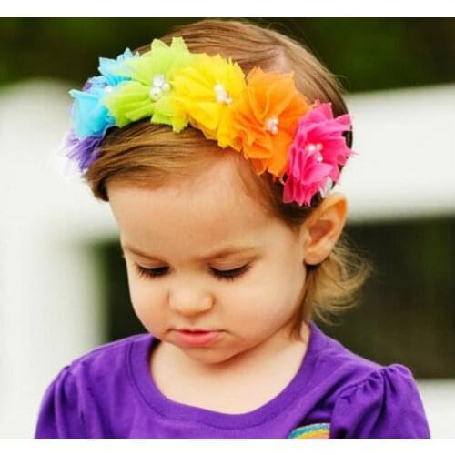 Candy Color Six Tulle Flower Baby Headband Girls Rainbow Lace pearl Flower Headwear children Hair Accessories