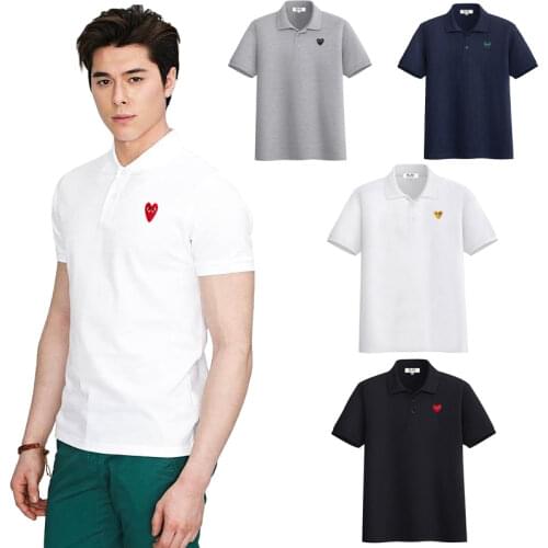 Have eyes)Summer Men Women Short Sleeve POLO Shirt Two Buckle Lapel Straight Waist Embroidery Love Peach Cotton Loose POLOShirt