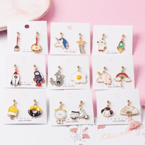 New Cute Cartoon Modeling Asymmetric Metal pendant Earrings For Women Girls Creative Omelette Space Animal personality Jewelry