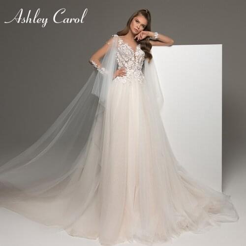 Ashley Carol A-Line Wedding Dress 2021 Elegant Backless Boho V-neck Long Sleeve Beaded Flowers Beach Bride Gown Vestido De Noiva