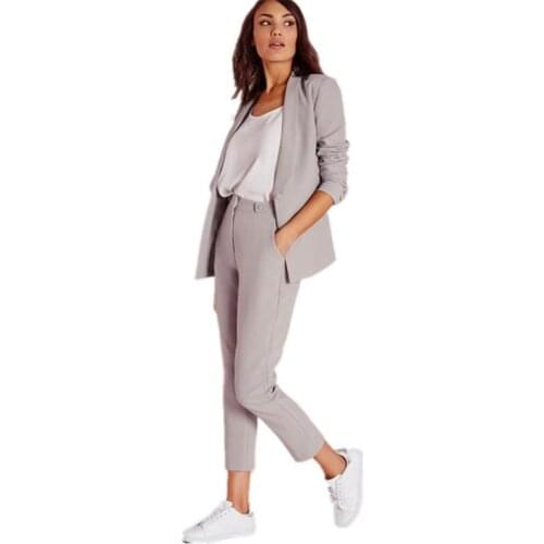 Light Gray Womens Business Suits Female Office Uniform Ladies Trouser Suits Formal Womens Tuxedo 9 Points Pants 2 Piece Suits
