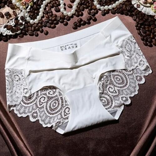 Womens Sexy Lace Panties Seamless Underwear Soft Comfortable Smooth Ice Silk Underpants Breathable Cotton Crotch Elastic Briefs