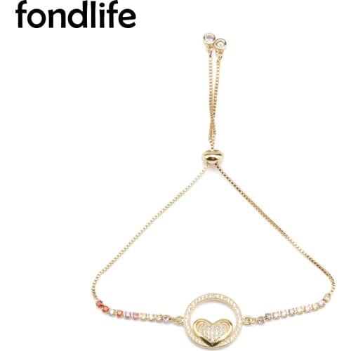 Cubic Zirconia Stones Gold-plated Love Peach Heart Round Circle Charm Bracelet Women Lover Good CZ Zircon Chic Copper Jewelry