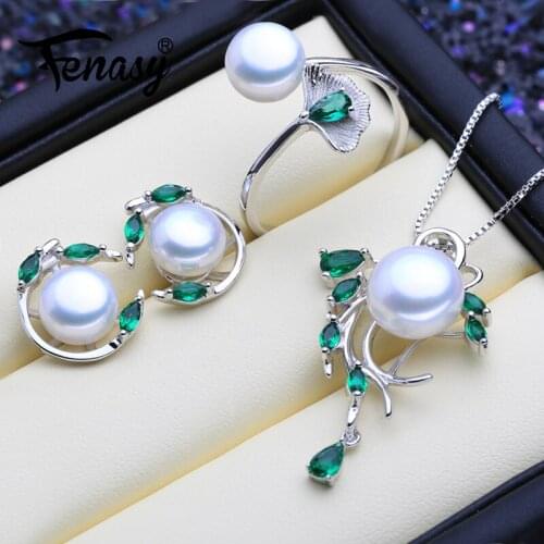 FENASY 925 Sterling Silver Emerald Jewelry Sets Natural Pearl Stud Earrings Bohemian Pendant Necklace Women Green Stones Ring