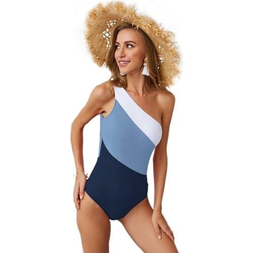 Women Summer Sexy One Piece Suit Patchwork Single Shoulder Strap Monokini Swimwear Contrast Color Serie Swimsuit Hollow Out Back