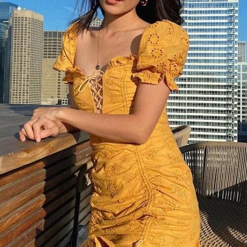 2021 Bandage Dress White Short Sleeves Ruffles Women Mini Dress Fashion Party Hollow Out Summer Sheath Short Vestidos Mujer