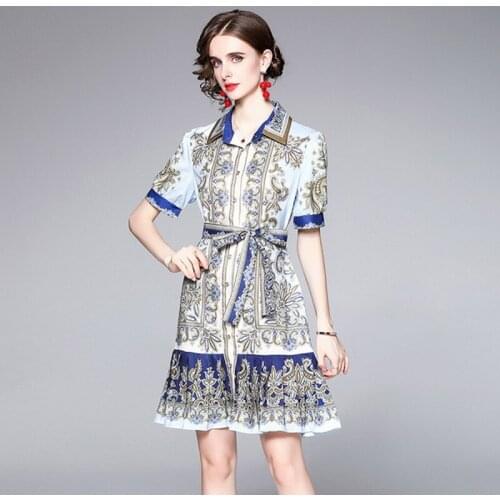 2021 summer Fashion Designer Dress Women Ruffled Printed High Waist A Line Short sleeve Dresses