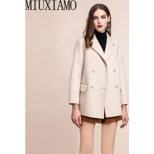 MIUXIMAO TOP QUALITY 2019 fall Winter Coat Jacket 100% Pure Wool Double Breasted Over Coat Women Coat vestidos with Pocket