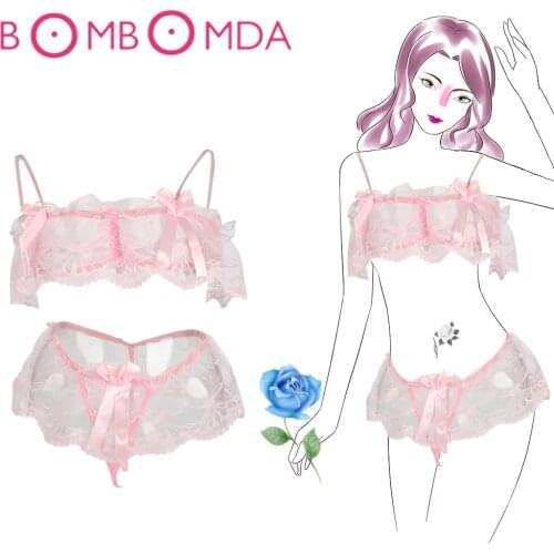 Women Lace Sexy Lingerie Set Hot Transparent Underwear Lady Perspective Bowknot Bra G-String Set Temptation Sleepwear Nightwear