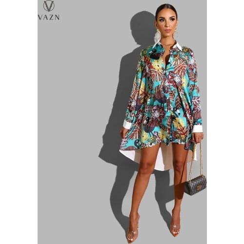 VAZN 2021 Spring Women New Street Casual Style Long Dress Long Sleeve Lapel Single Breasted Printed Mid Long Dress
