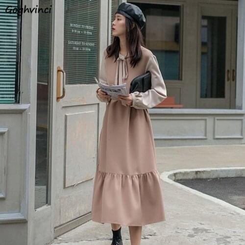 Women Long Sleeve Dress Drawstring Patchwork Ruffles Spring Casual Fashion Vintage French Style Elegant Fit Tender Retro A-line