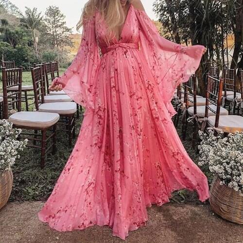 Boho Women Sexy Deep-V Dress Floral Print Pink Pullover Long Sleeve Strapless Western Fashion Sweet Young Girl Holiday Beach New