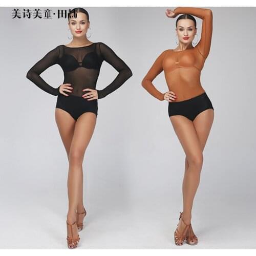 Latin base clothing gauze dance training performance mesh bodysuit woman long sleeve