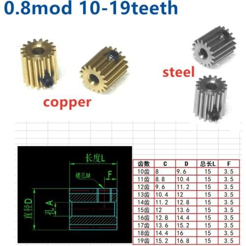 2pcs 0.8 mod 10 teeth 11 teeth 12 teeth 13 teeth 14 teeth 15 teeth brass 45 carbon steel involute cylindrical spur gear