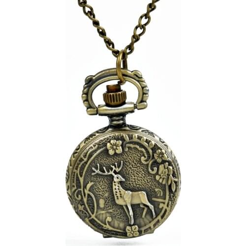 6111 Vintage Fawn Quartz Mini Pocket Watch Classic Inside Arabic Number Pendant Bronze Flower Tree with Necklace