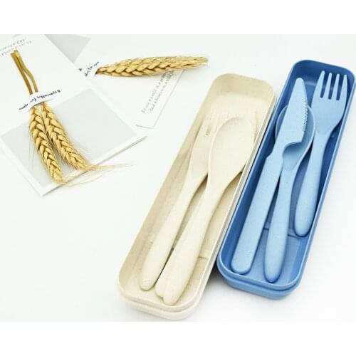 Environmental Portable Reusable Colorful Spoon Fork Travel Picnic Chopsticks Wheat Straw Tableware Cutlery Set With Carrying Box