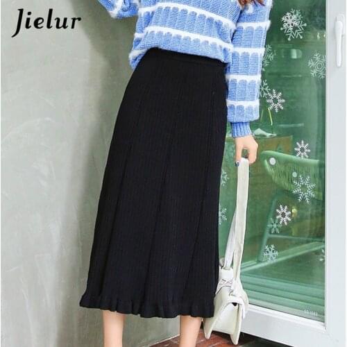 Jielur Black Elastic Waist Skirt Knitted Thick Skirts Womens Autumn Winter New Jupe Femme Faldas Mujer Moda 2021 Solid Color