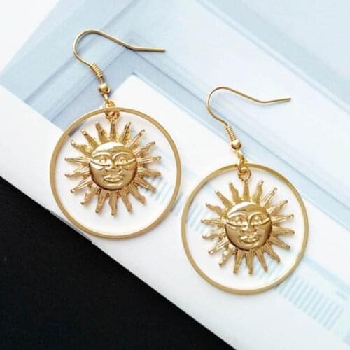 KSRA 2020 New Gold Sun Apollo Helios Drop Earrings For Women Geometric Loop Sun Face Dangle Earrings Korean Fashion Jewelry