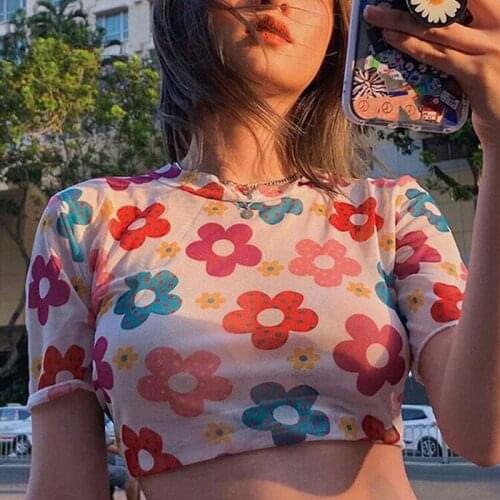 Summer Women Mesh Lovely Flower printed Short Tops Casual Daily O-neck Short Sleeve Perspective T-shirt 2020 Trendy Streetwear