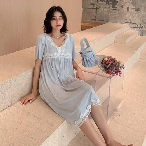 Summer Ladies Short Sleeve Long Style Nightdress Plus Size Sexy V-neck Home Clothes Solid Colors Nightwear Women Night Dresses