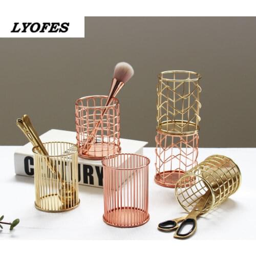 Makeup Holder Desk Brush Organizer Stand Pencil Marker Pen Holder Rose Gold Hexagon Iron Office Accessories Storage Container