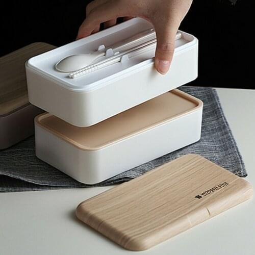 2020 New 2 Layers Lunch Box Wood Bento Food Container Microwavable Dinnerware Lunchbox For Kid School Office Kitchen Accessories