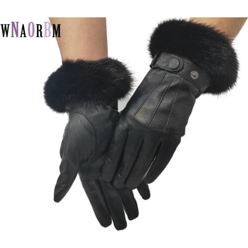 New Womens leather gloves real mink Gloves Adult sheepskin black gloves womens winter leather mittens